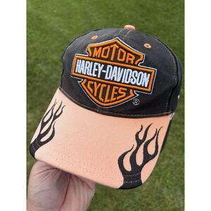 Vintage Y2K Harley Davidson Motorcycles Embroidered Logo Flame Strapback Hat